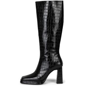 Jeffrey Campbell Black Croc-Embossed Knee-High Block Heel Boots